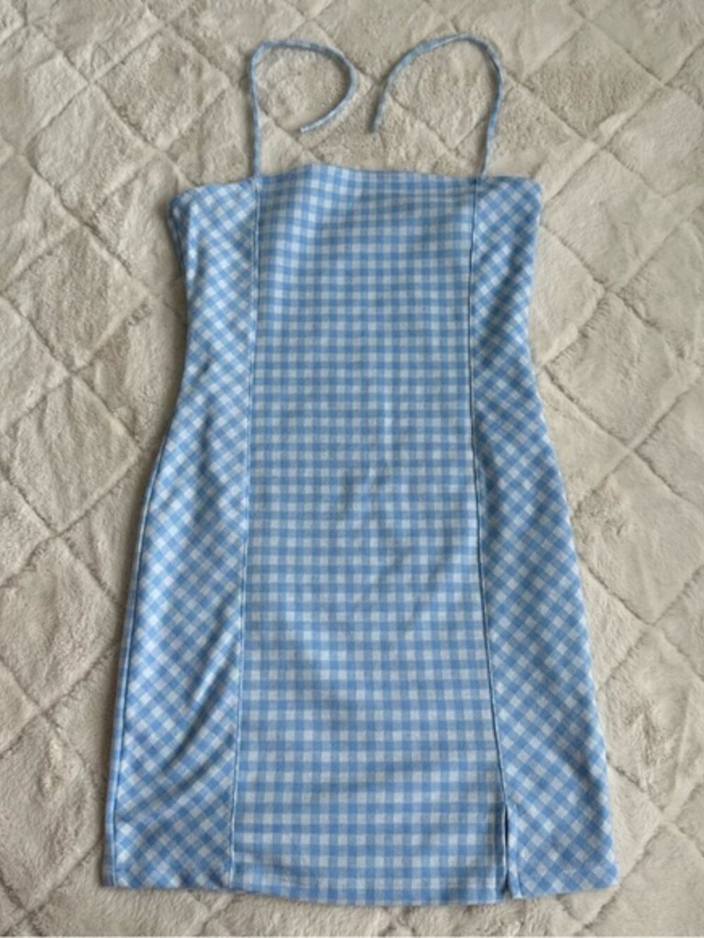 Emily June | Blue & White Check Halter Strap Plaid Bodycon Dress | Size Medium